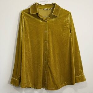 Soft Surroundings Size 1X Stretch Velvet Velour Gold Yellow Collar Button Shirt
